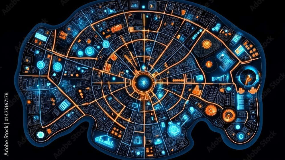 Futuristic city map layout showcasing vibrant digital architecture and ...