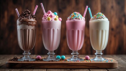 Aufkleber - Wooden board showcasing four different milkshake beverages