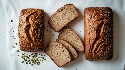 Poster - Organic Whole Grain Bread featuring Seeds, Top View on White Background