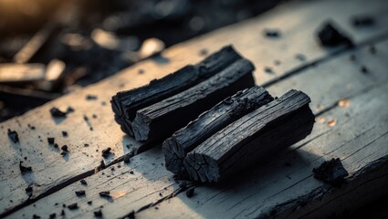 Poster - Macro Shot of Sooty Charcoal Fragments and Ashes on a Rustic Environment Surface