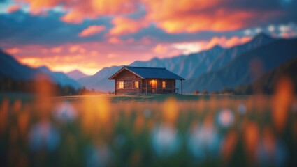 Aufkleber - Out-of-focus view of a cozy wooden cabin in a peaceful valley, illuminated by a bright sunset, highlighting the essence of outdoor retreat.
