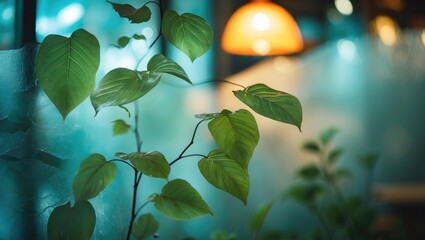 Poster - Blurred leaves against frosted glass and neon lamp in cafe, blurred foliage backdrop with room for writing