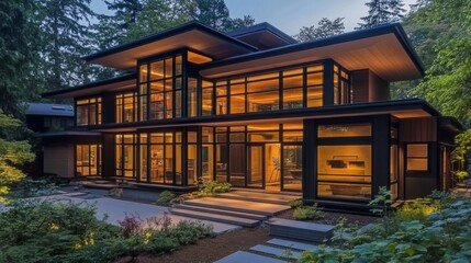 Aufkleber - A modern Japanese home blending traditional and contemporary elements, showcasing large windows, a minimalist interior, and natural materials for a harmonious feel.