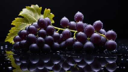 Poster - Fresh grape cluster with water droplets on a dark background