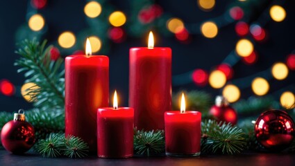 Poster - Red candles illuminated by lights on a dark background, positioned horizontally with space for text