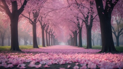Aufkleber - The picturesque tunnel of blooming trees with petals showering down, adorning the nature setting