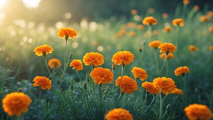 Aufkleber - Sunshine illuminating marigold flowers in the meadow