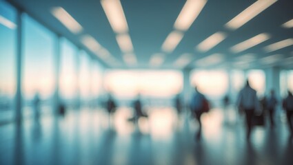Poster - Spacious office space with a blurred urban backdrop and modern interior elements