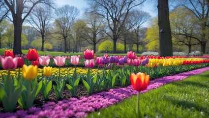 Poster - Radiant Tulip Garden in a Quiet Park Surrounding