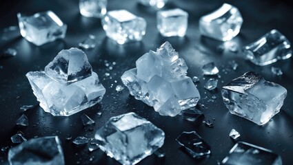 Poster - Ice cube pile on black background from above with copy space