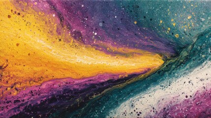 Aufkleber - Cosmic Shores: An Abstract Journey Through Fluid Acrylics, Featuring Bold Yellows, Purples, Teals, and White