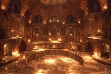 Poster - ancient, subterranean bathing hall, lit by numerous candles.