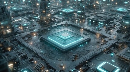 Poster - Cybernetic Metropolis: A Futuristic Cityscape of Interconnected Motherboards and Quantum Processors 