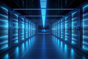 Poster - Data Center Alley: Illuminated Servers in a Futuristic, High-Tech Environment for Computing and Cloud Storage