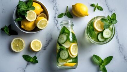 Aufkleber - Healthy nutrition diet, fitness, and health care theme. Fresh infused water and detox lemonade in a jar. Light top view flat lay composition