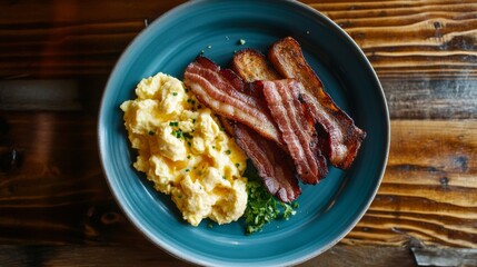 Poster - A plate of crispy bacon served alongside freshly scrambled eggs and buttered toast, arranged on a wooden breakfast table.
