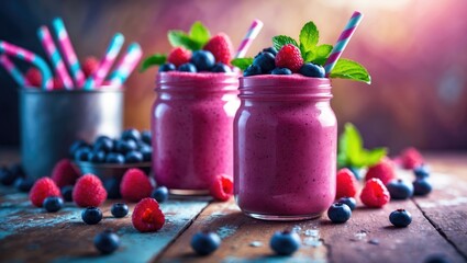 Aufkleber - Fresh antioxidant-rich berry drinks in vintage jars