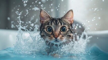 Poster - A playful moment captured as a cat tries to escape from a bathtub, with water splashing around and its wide eyes showing both curiosity and surprise.