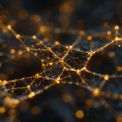 Fototapete - Golden Dewdrops on a Spiderweb: Ethereal Macro Photography with Sparkling Bokeh and Delicate Threads
