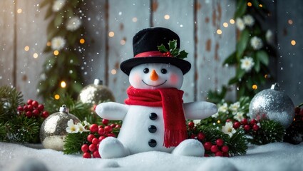 Poster - Seasonal Christmas outdoor setting with a decorated snowman and festive lighting