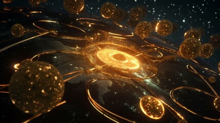 Aufkleber - Golden Celestial Network: Interconnected Orbs and Rings Illuminating a Cosmic Landscape