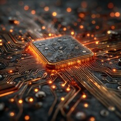 Leinwandbilder - Illuminated Circuit Board: A Microscopic View of Technology's Infrastructure with Golden Pathways and Energetic Nodes 