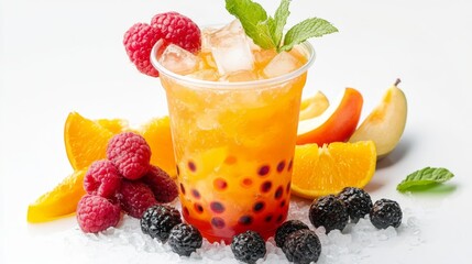 Poster - A refreshing cup of fruit-flavored bubble tea with ice cubes and fresh fruit garnishes, displayed on a white background to highlight its cool and inviting appearance.