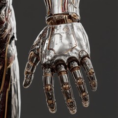 Fototapete - Mechanical Marvel: Detailed View of a Cybernetic Hand with Intricate Metallic Design and Shiny Chrome Finish