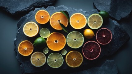 Poster - Citrus fruits in their prime: aerial view of lemons, limes, and oranges on a dark stone setting.
