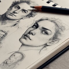 Poster - Sketchbook Studies: Graphite Pencil Portraits Exploring Artistic Expression and Shadow Play on Paper
