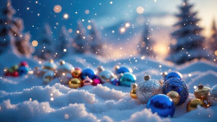 Poster - White winter landscape with snowdrifts, sparkling snowflakes, and a magical blue sky, ideal for holiday greeting cards and banners