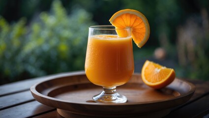 Aufkleber - Vegan fresh carrot juice on a wooden tray with a vibrant garden backdrop