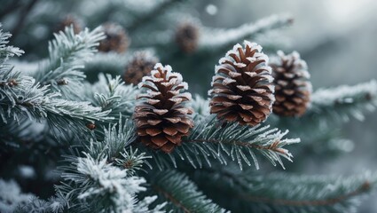 Poster - Chilly Winter Atmosphere Showcasing Frosted Pine Cones on a Snow-Covered Evergreen Branch