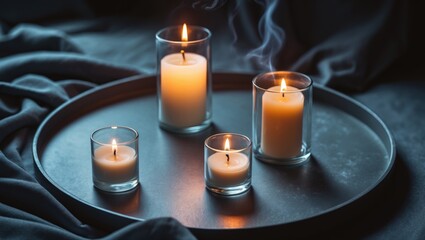 Aufkleber - Decorative candles arranged on a tray creating a romantic and relaxing atmosphere in home interior
