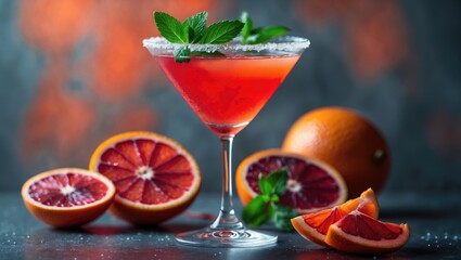 Poster - Colorful red cocktail garnished with fruit slices and herbs on a bar with vibrant background