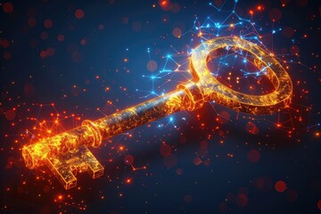 Poster - Glowing Golden Key Surrounded by a Network of Connected Particles