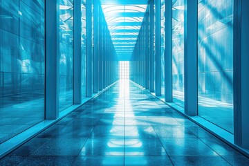 Poster - Interior perspective of a modern buildings long and luminous corridor