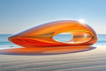 Poster - Abstract glass sculpture resting on sandy beach.