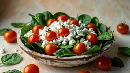 Aufkleber - Spring-inspired salad with fresh tomatoes, spinach, and cottage cheese in a white bowl for a nutritious meal.