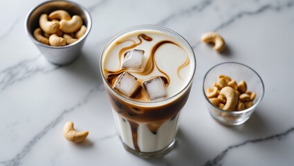 Poster - Close-up of a refreshing iced latte with cashew nut plant-based milk, decorated on a light background, ideal for self-care and healthy eating.