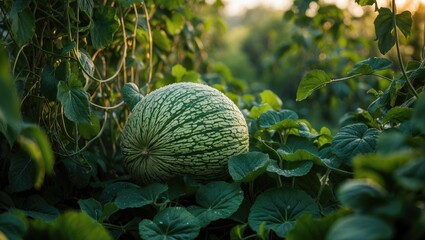 Poster - Green melon or cantaloupe plants developing in distant locations