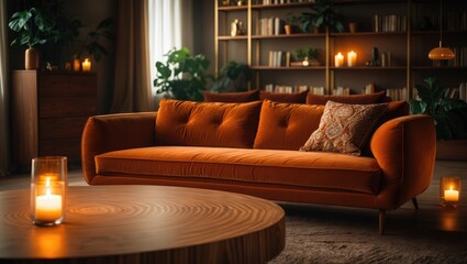 Poster - Interior design of a living room showcasing sofa, shelves, and candlelight
