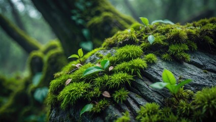 Poster - Close-up of moss vegetation on tree bark in a forest scene