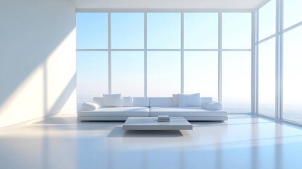 Aufkleber - A sleek, minimalist living room with a low-profile sofa, a simple coffee table, and large windows letting in natural light, creating a clean and uncluttered space.