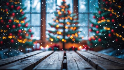 Poster - Uncluttered wooden tabletop out of focus with bokeh tree and snow-laden window background - can be utilized for product showcase or montage.