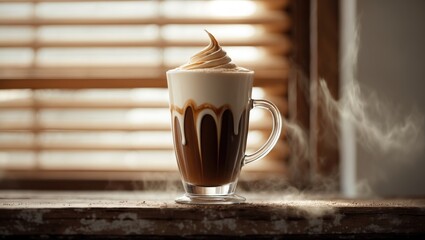 Poster - Hot coffee beverage in a tall glass with creamy foam and chocolate accents