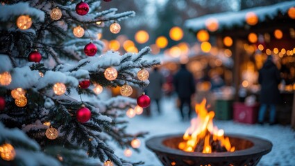 Poster - Market winter scene with snow-covered fir branches adorned with shiny balls and a fire bowl emitting a warm glow
