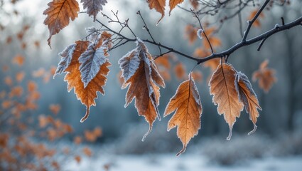 Poster - a winter forest showcasing frost-encrusted plant branches and desiccated leaves with a soft-focus ba
