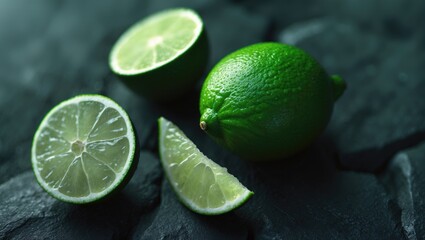 Poster - Lush ripe limes set against a dark stone backdrop. Top-down view