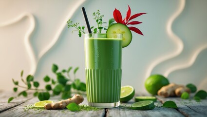 Aufkleber - Refreshing detox smoothie using fresh organic vegetables displayed on a table with a gentle focus background